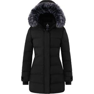 Women's Black Long Quilted Winter Coat Puffer Jacket With Hood